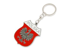 Breloczek wykonany z metalu nieszlachetnego przedstawia herb Polski